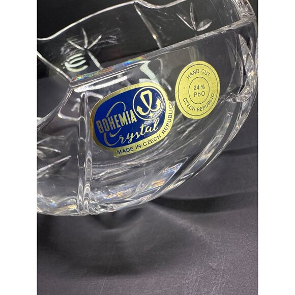 Vtg Clear Glass Bohemia Crystal Czech Cut To Clear 7" DIA Bowl Original Label - Picture 2 of 14